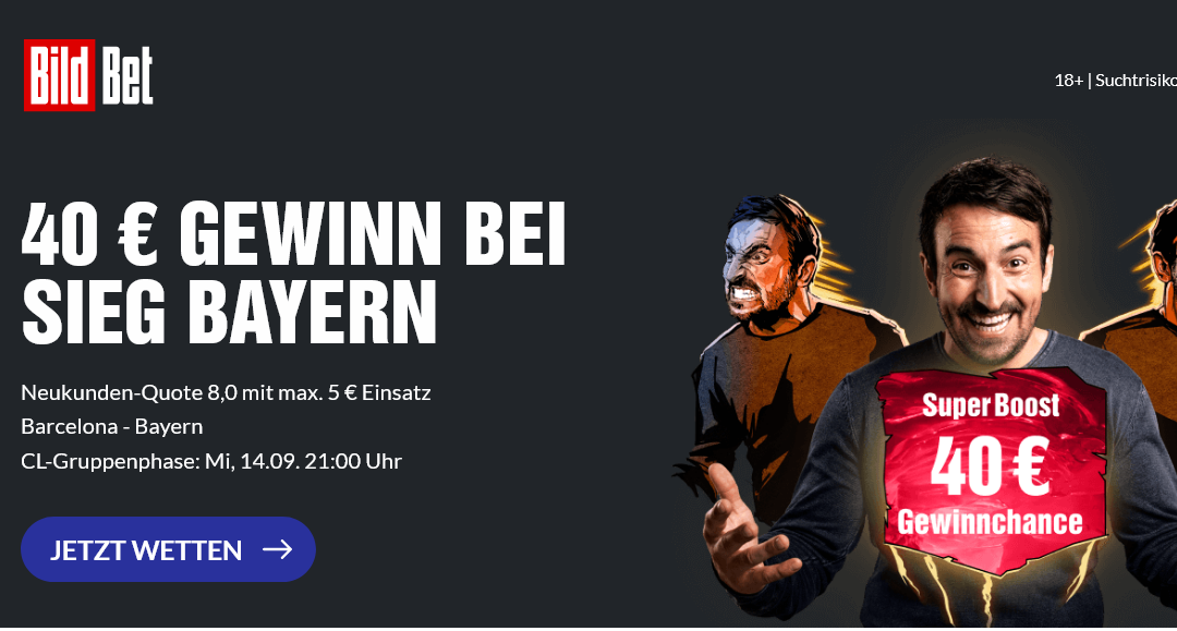 40 Euro Gewinn bei Bayern-Sieg vs. Barca! Super Boost bei BildBet!